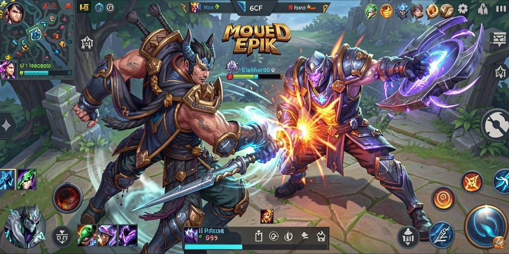 Screenshot utama 6CF menampilkan pertarungan tim yang intens dalam gameplay MOBA.