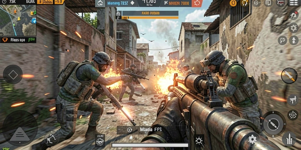 Screenshot gameplay 73K menampilkan aksi tembak-menembak yang mendebarkan.