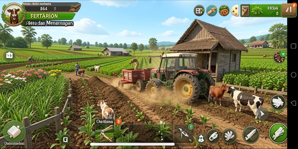 Screenshot gameplay 8364: Petani memanen tanaman segar dan menikmati hasil panen.