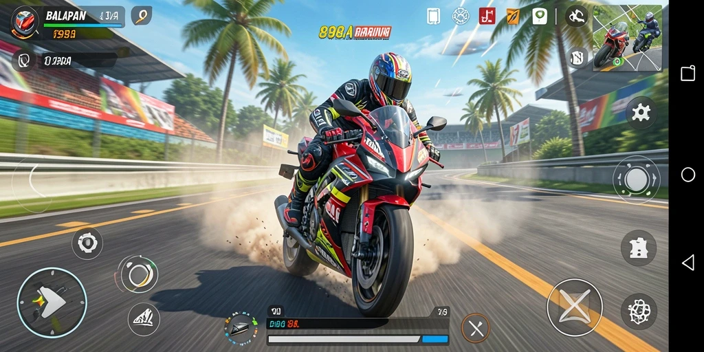 Screenshot utama 898A menampilkan aksi balapan motor yang seru.