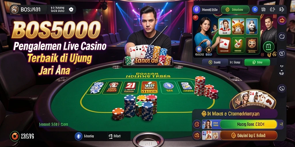 Screenshot gameplay BOS5000 menampilkan dealer dan meja permainan yang hidup.