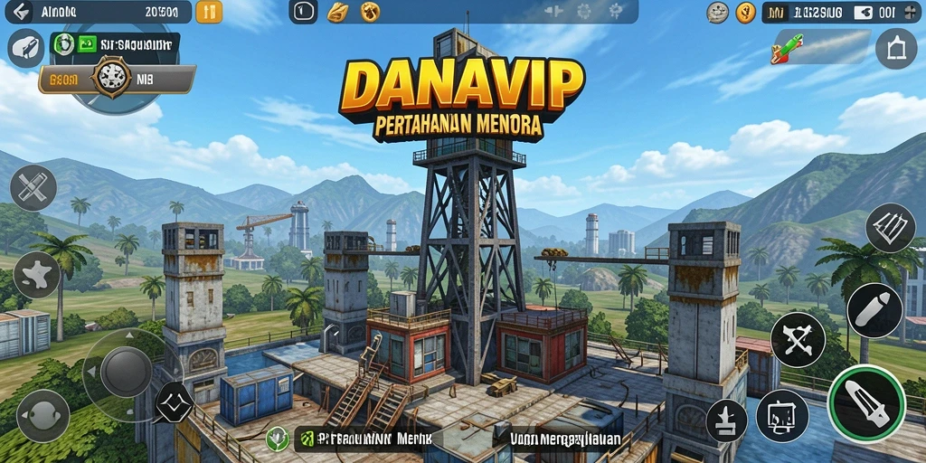 Tampilan gameplay <strong>DANAVIP</strong> dengan menara bertahan menghadapi gelombang musuh.