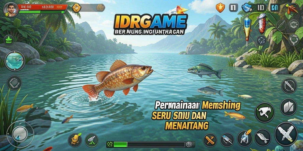 Tampilan gameplay IDRGAME dengan aksi memancing seru dan indahnya pemandangan.
