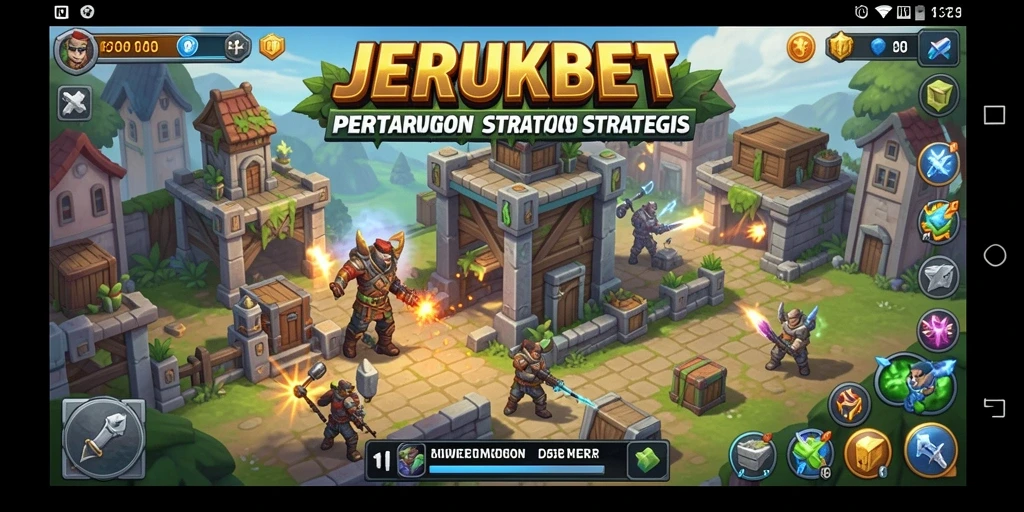 Screenshot gameplay JERUKBET menampilkan aksi menara bertahan yang intens.