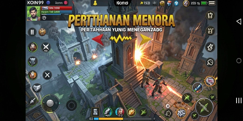 Tampilan gameplay epik dengan menara pertahanan strategis.