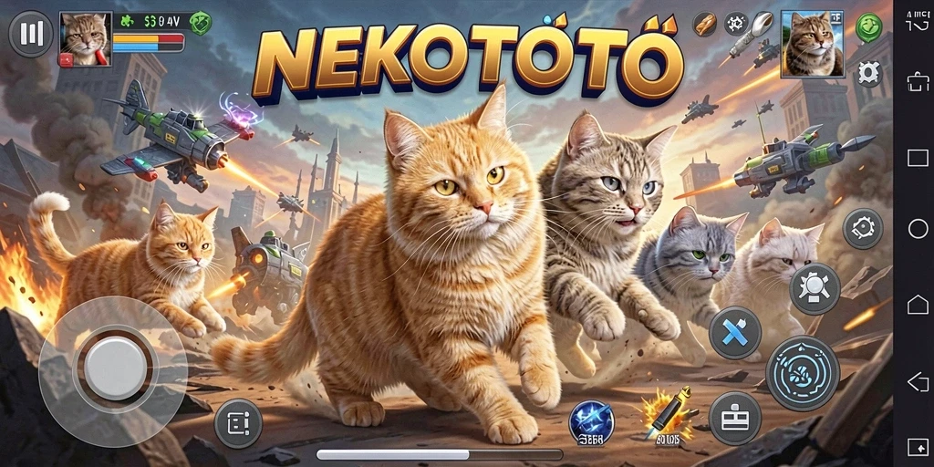 Tampilan seru gameplay NEKOTOTO dengan kucing-kucing bertempur.