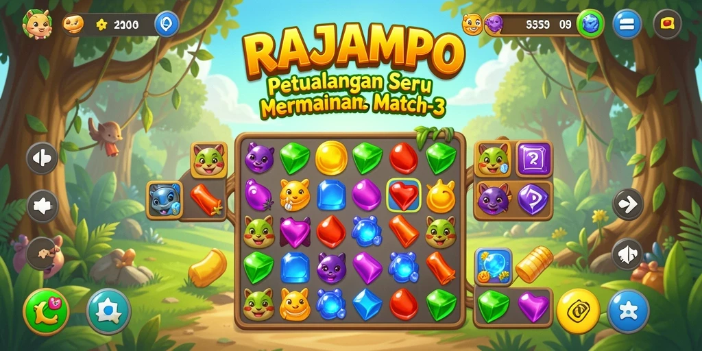 Tampilan gameplay RAJAMPO yang seru dengan berbagai permata untuk dicocokkan.