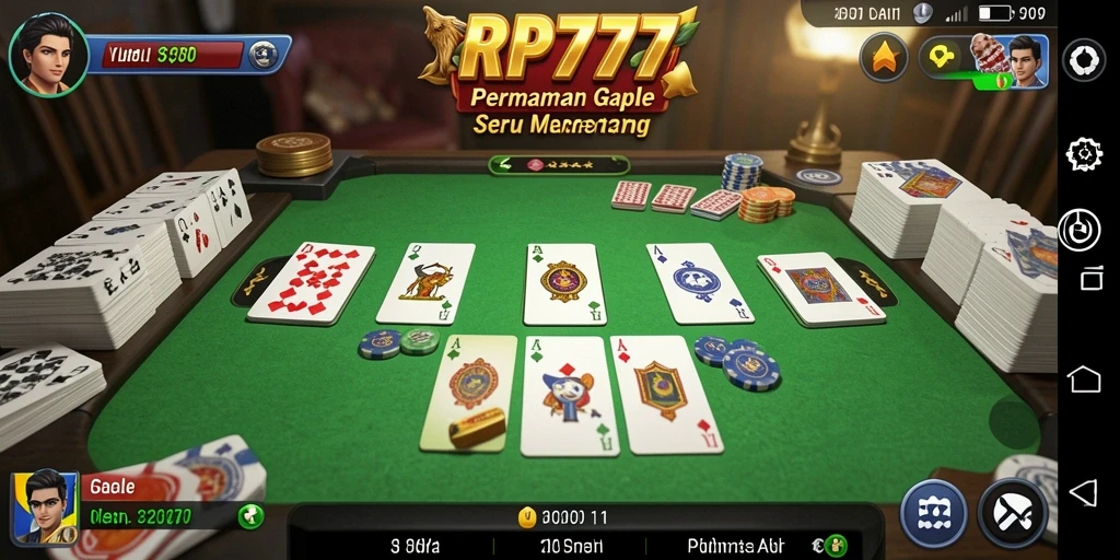 Screenshot utama RP777 menampilkan gameplay Gaple yang seru dan interaktif.