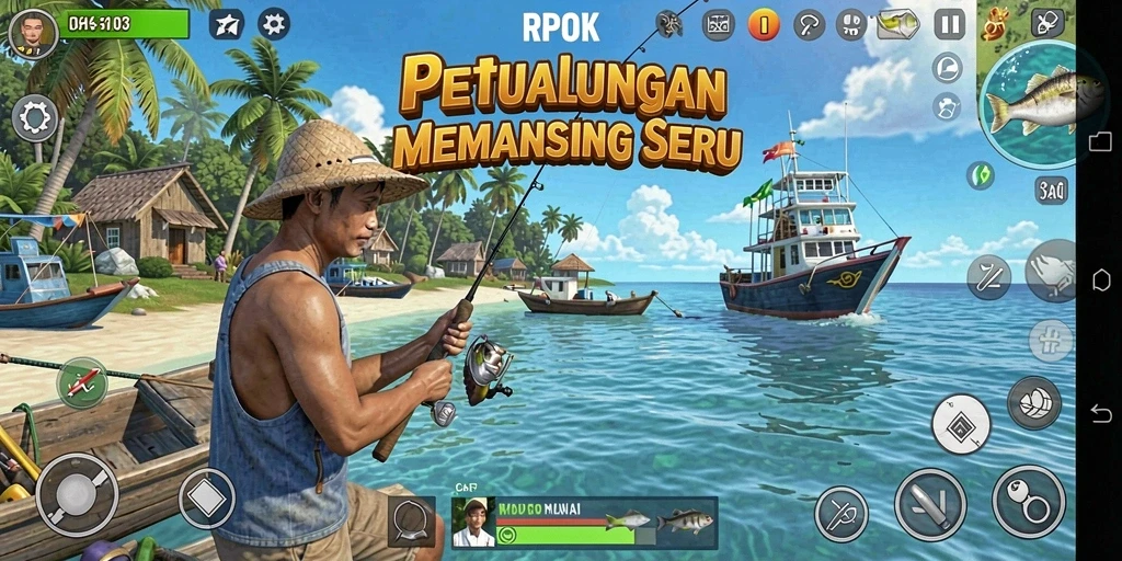 Tampilan gameplay RPOK yang memukau dalam aktivitas memancing.