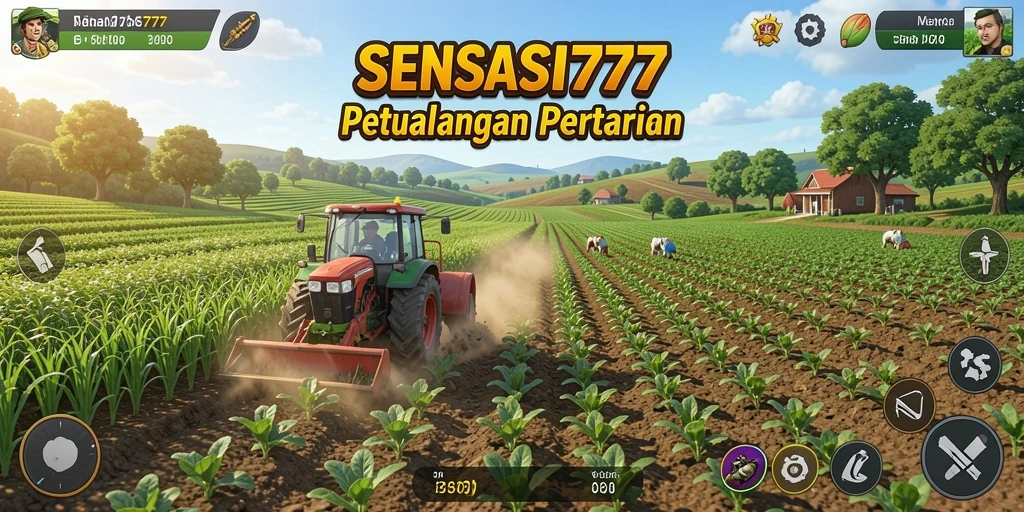 Screenshot menunjukkan petani yang sedang bekerja di ladang dengan berbagai tanaman hijau.