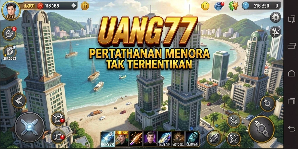 Tampilan gameplay menegangkan di UANG77 saat mempertahankan menara.